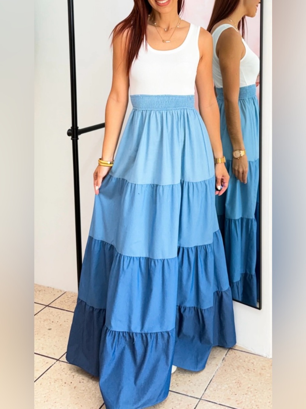 DRESS DAY Smocked Waist Tiered Maxi Dress Shades of Blue Boutique Bought